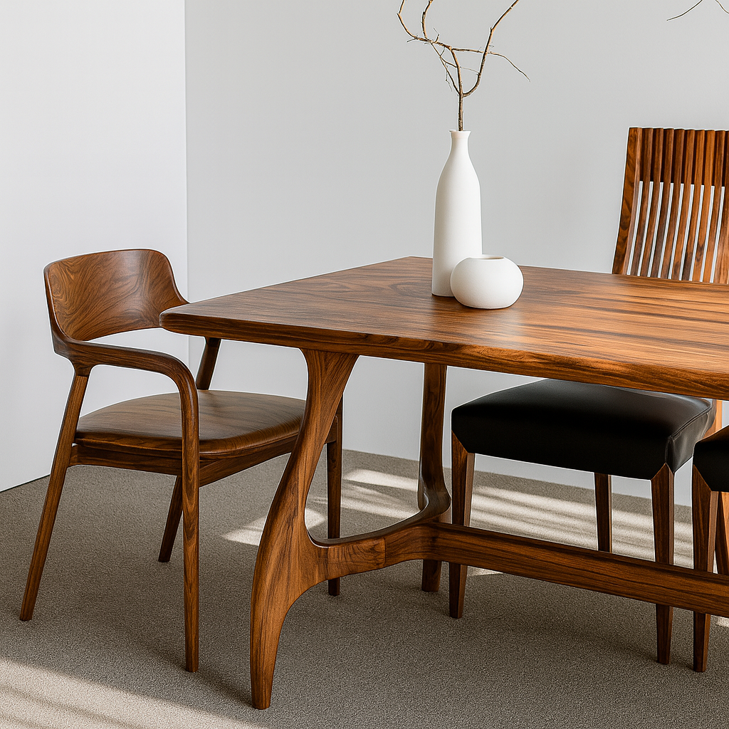 Mid-Century Wooden Rectangular Dining Table With Curved Legs For Dining Room