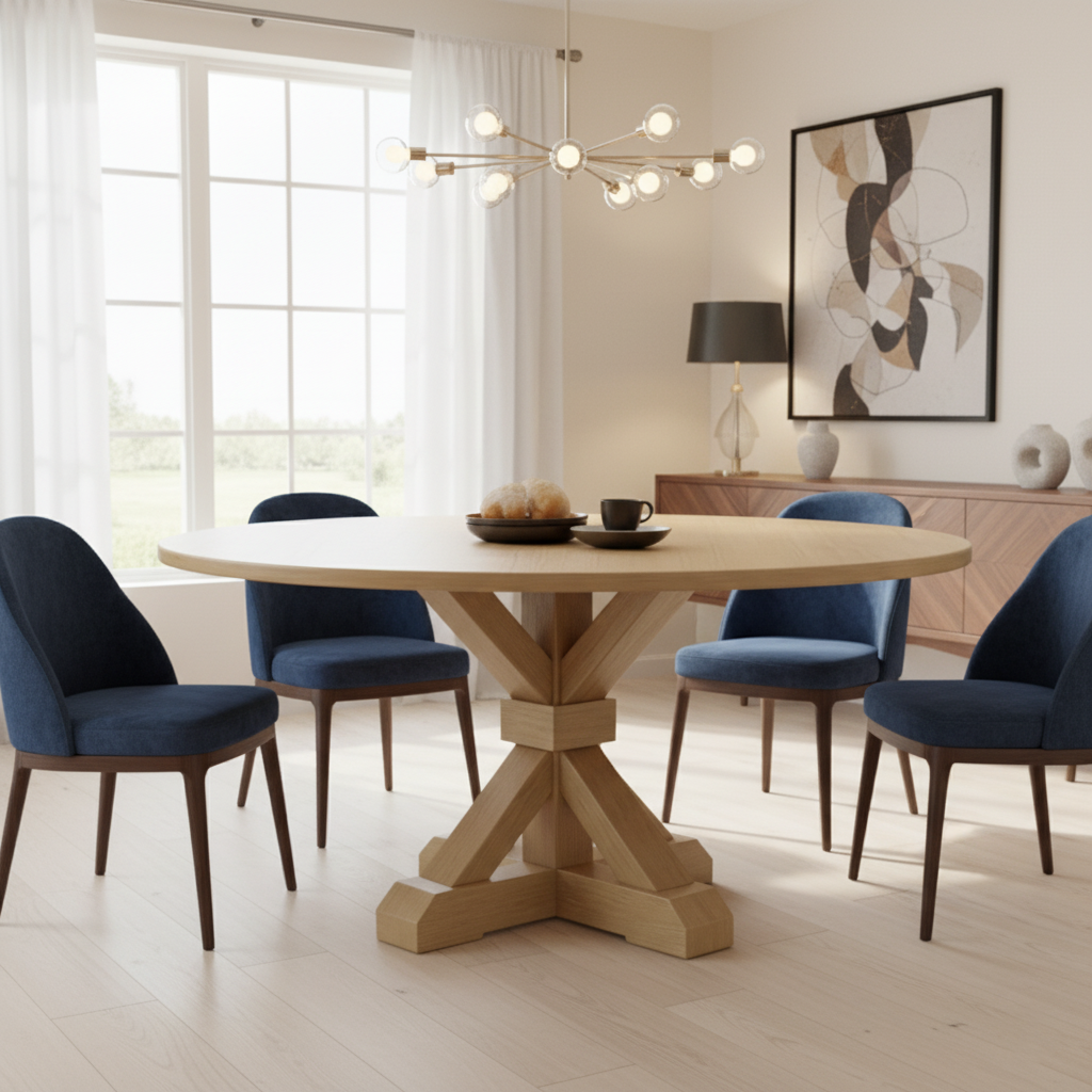Farmhouse Round Wooden Dining Table With Cross Pedestal Base