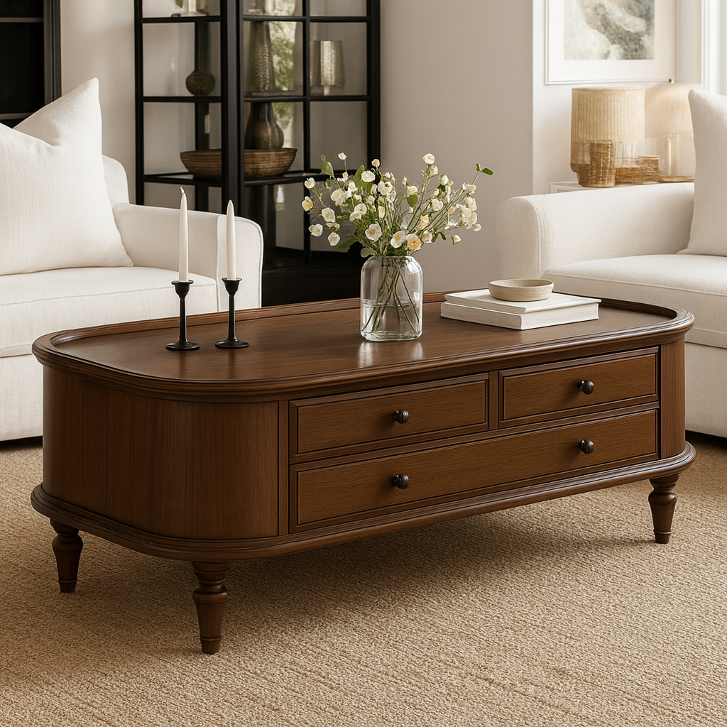 Classic Wooden Coffee Table With Turned Legs And Storage Drawers