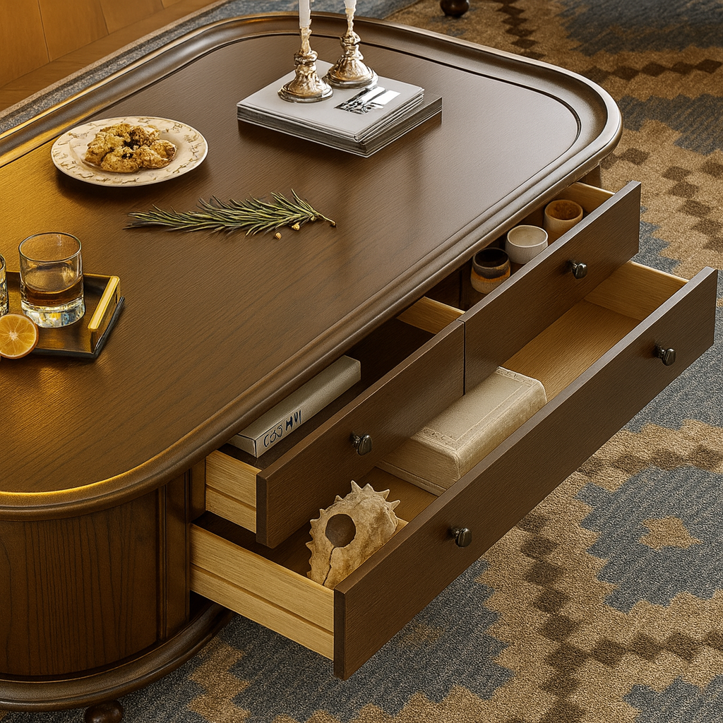 Classic Wooden Coffee Table With Turned Legs And Storage Drawers