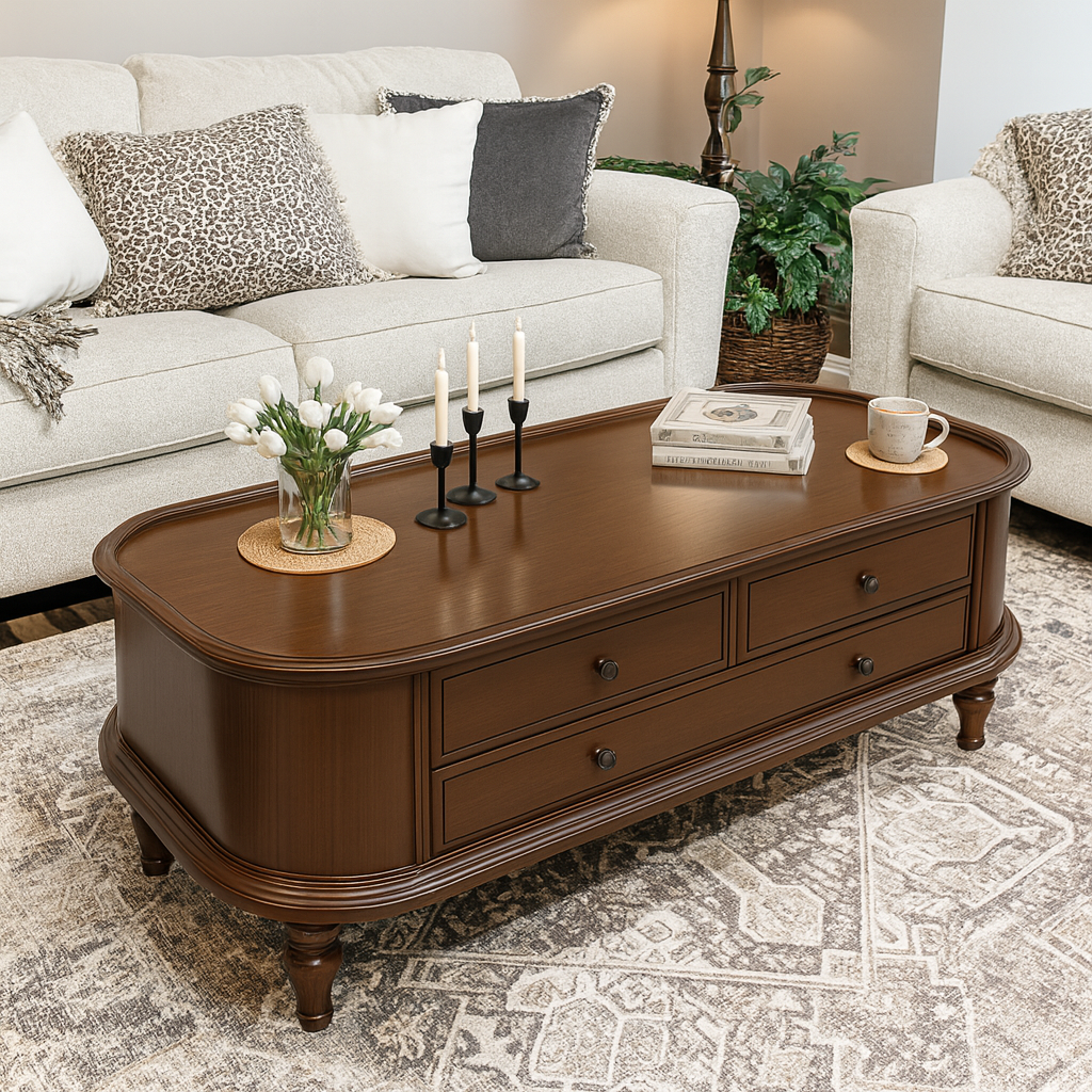Classic Wooden Coffee Table With Turned Legs And Storage Drawers