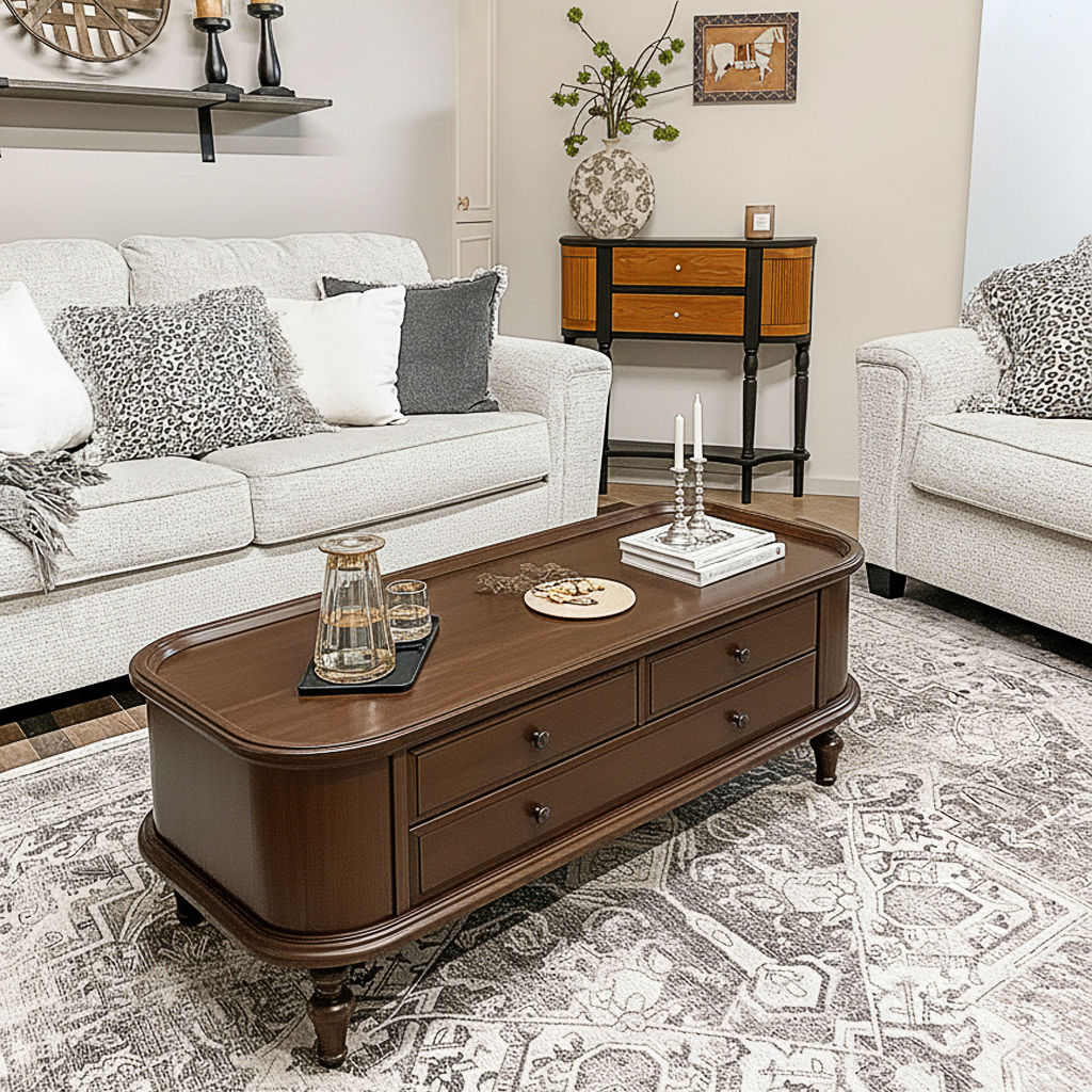 Classic Wooden Coffee Table With Turned Legs And Storage Drawers