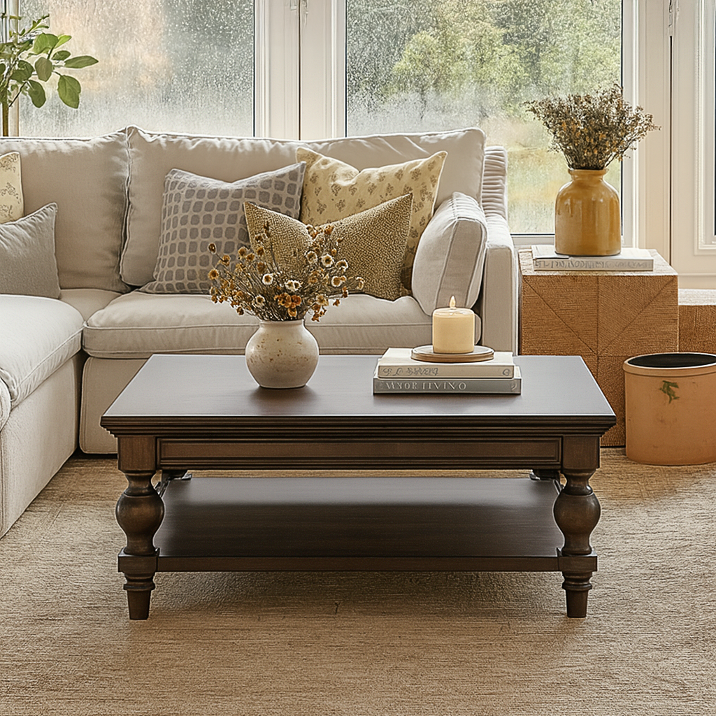 Classic Wooden Coffee Table With Turned Legs And Storage Shelf For Living Room
