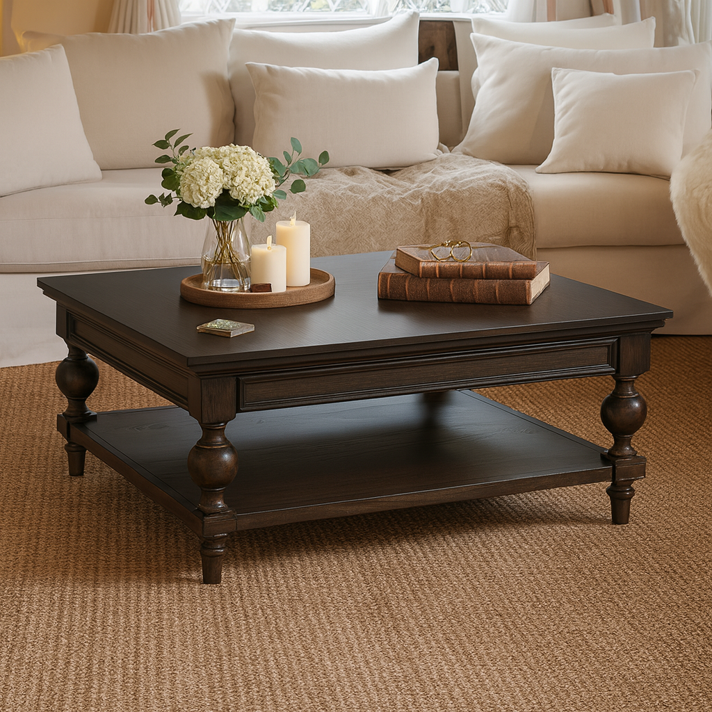 Classic Wooden Coffee Table With Turned Legs And Storage Shelf For Living Room