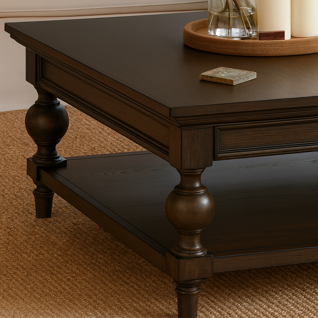 Classic Wooden Coffee Table With Turned Legs And Storage Shelf For Living Room