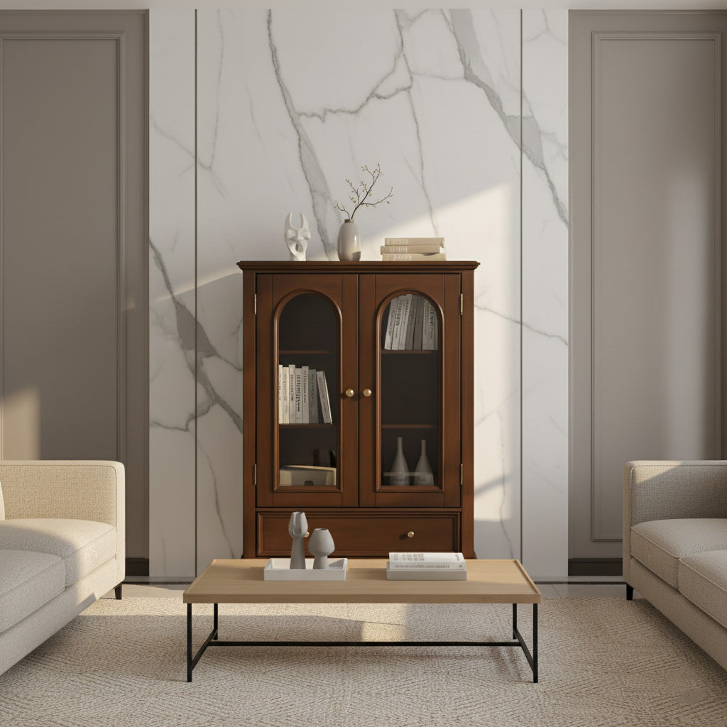 Classic Wooden Display Cabinet With Arched Glass Doors