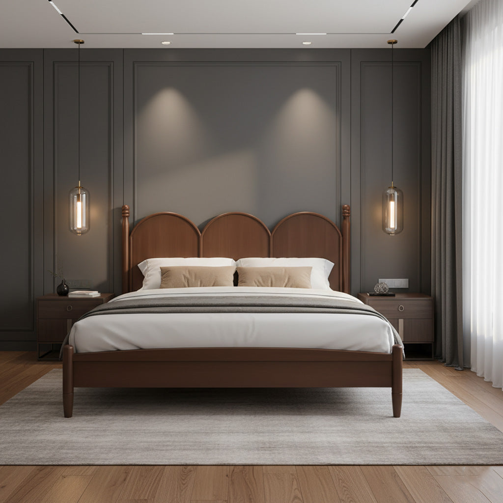 Contemporary Wooden Bed Frame With Triple-Arch Headboard