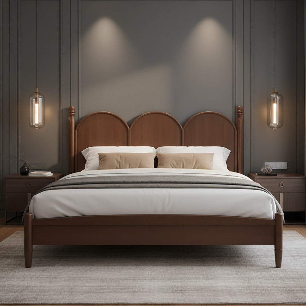 Contemporary Wooden Bed Frame With Triple-Arch Headboard