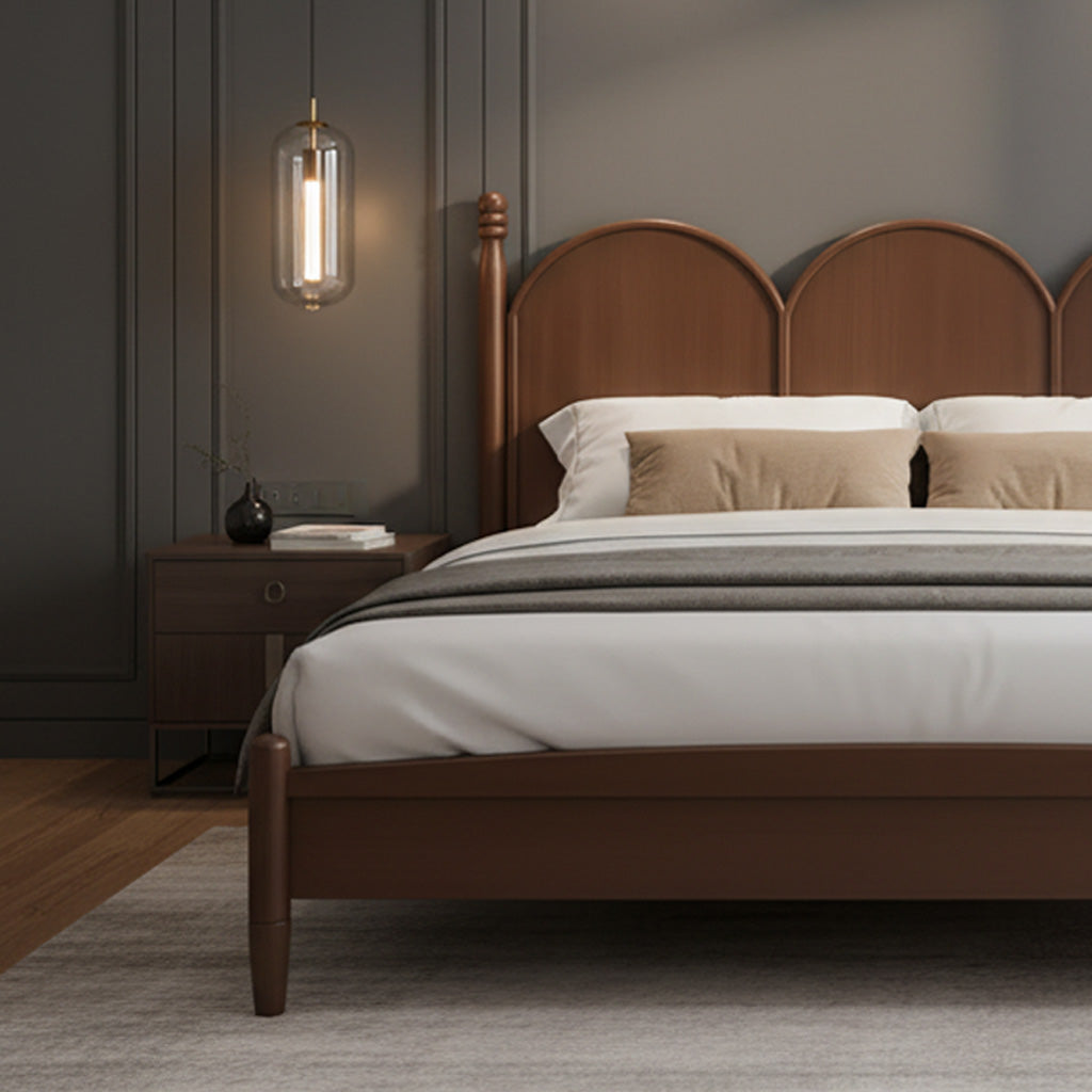Contemporary Wooden Bed Frame With Triple-Arch Headboard