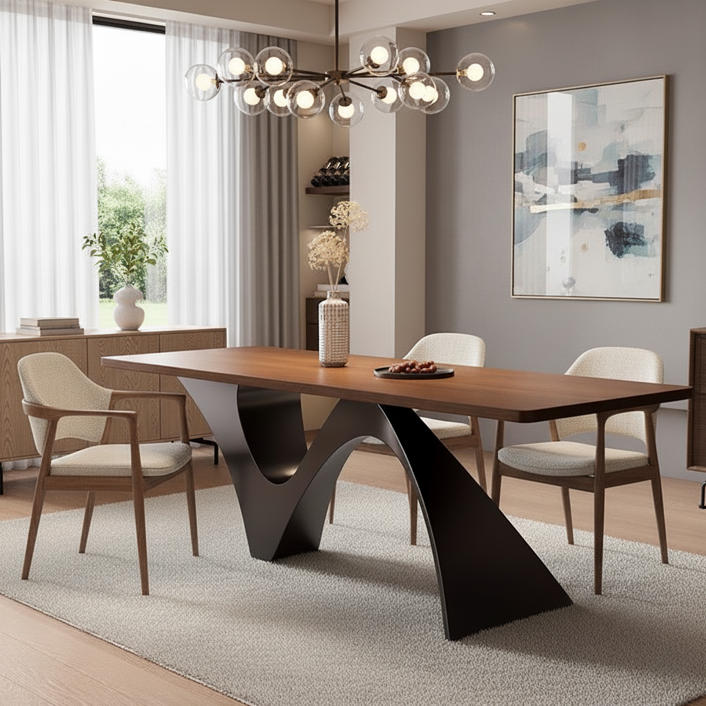 Modern Wooden Dining Table With Sculptural Metal Base For Dining Room