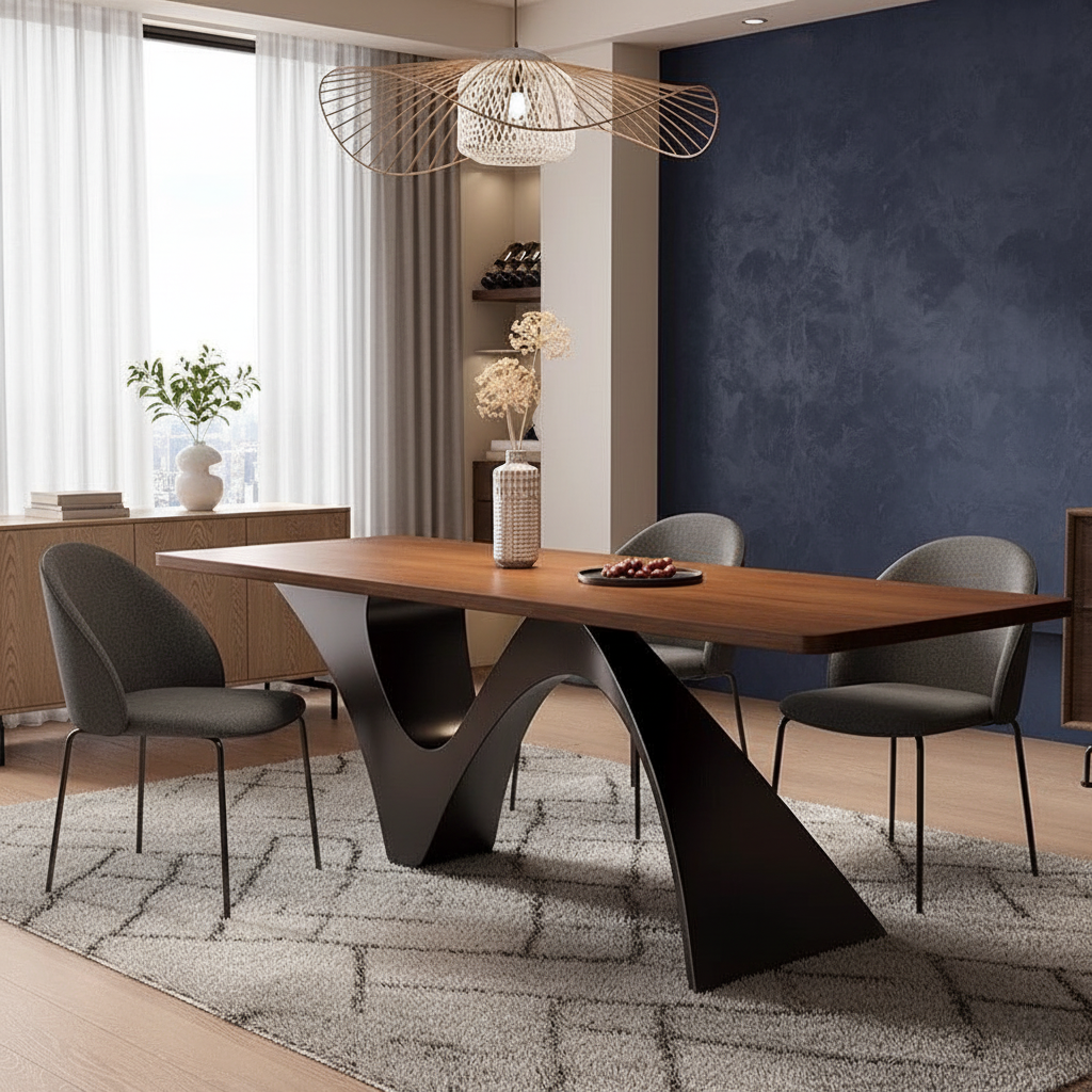 Modern Wooden Dining Table With Sculptural Metal Base For Dining Room