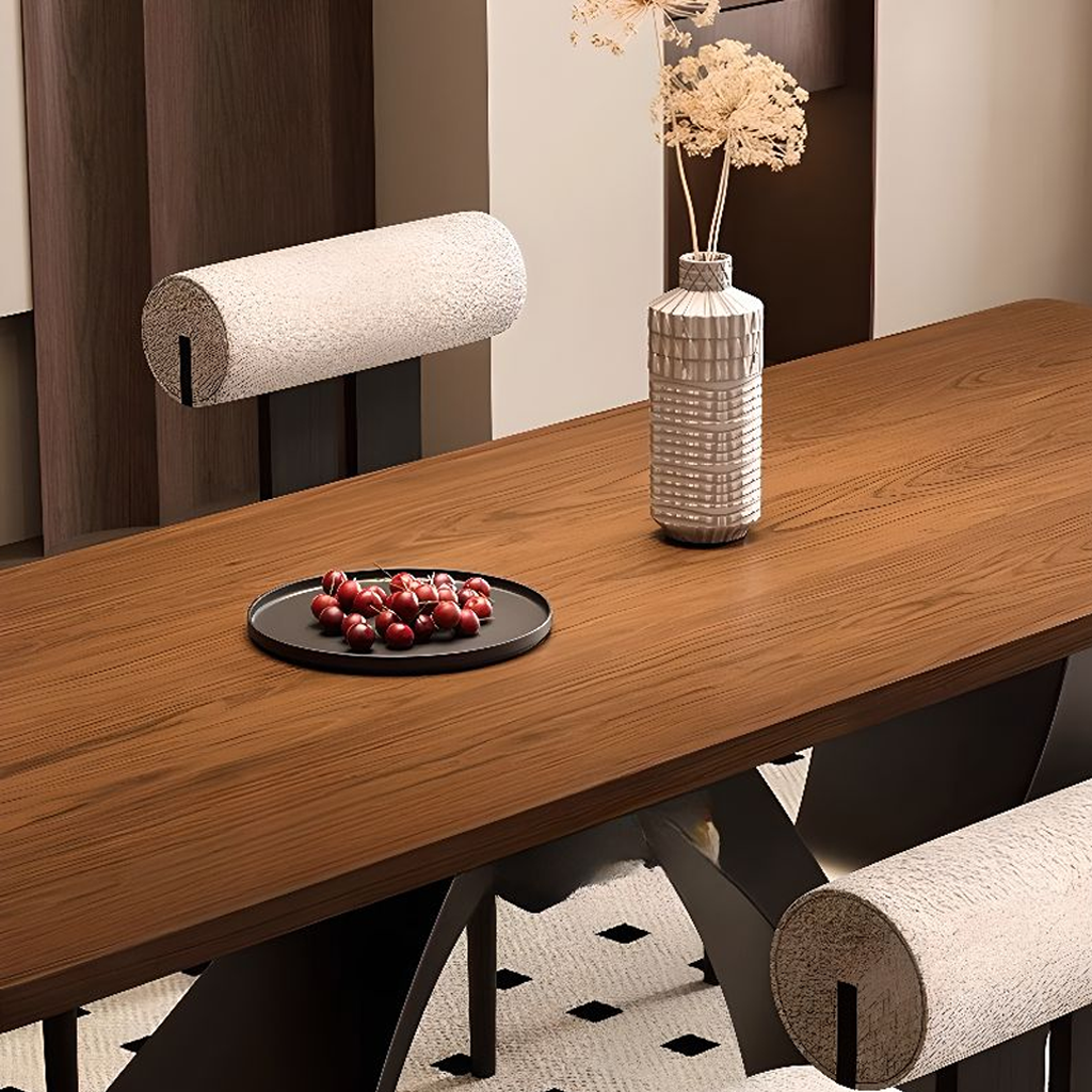 Modern Wooden Dining Table With Sculptural Metal Base For Dining Room