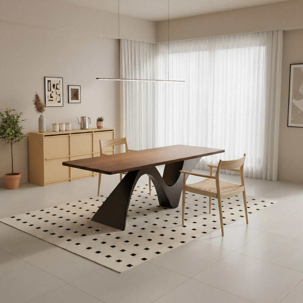 Modern Wooden Dining Table With Sculptural Metal Base For Dining Room