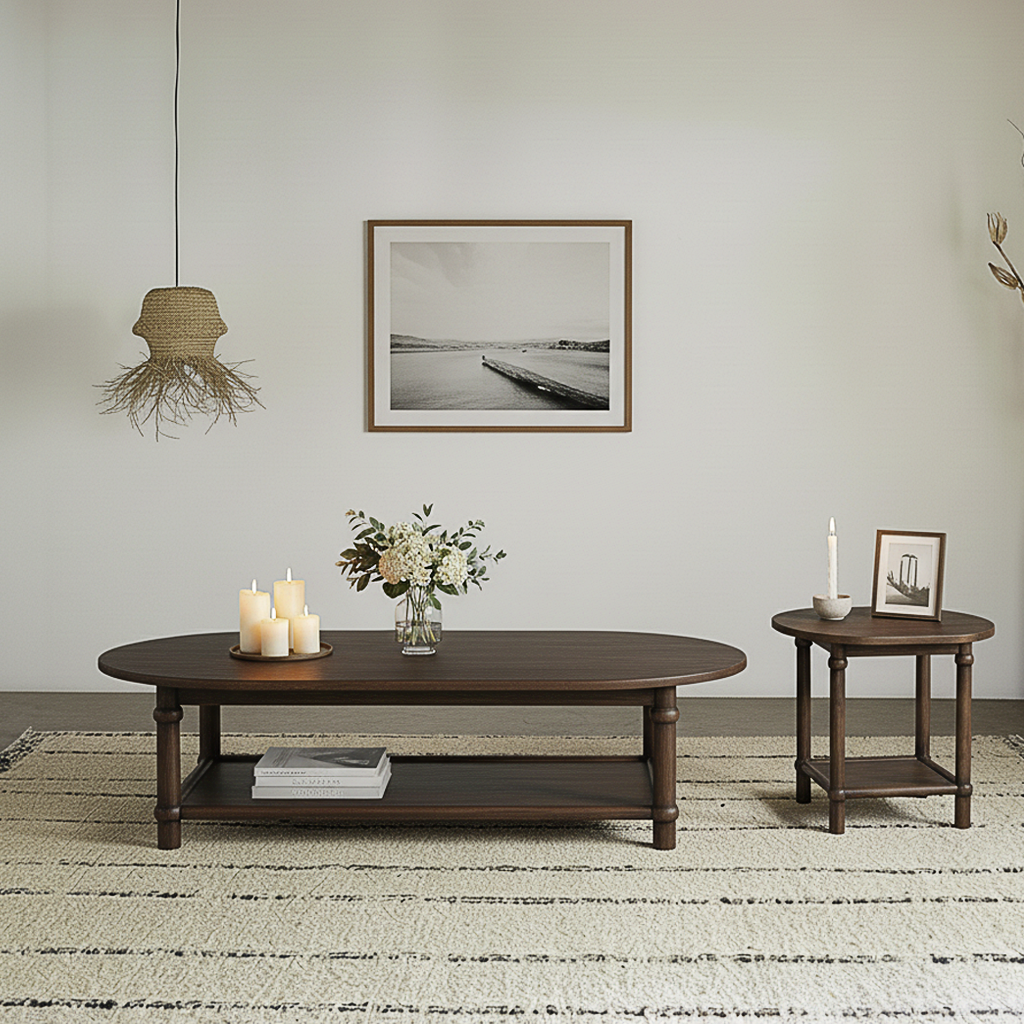 Farmhouse Oval Solid Wood Coffee Table With Lower Shelf