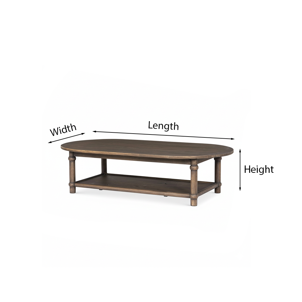 Farmhouse Oval Solid Wood Coffee Table With Lower Shelf