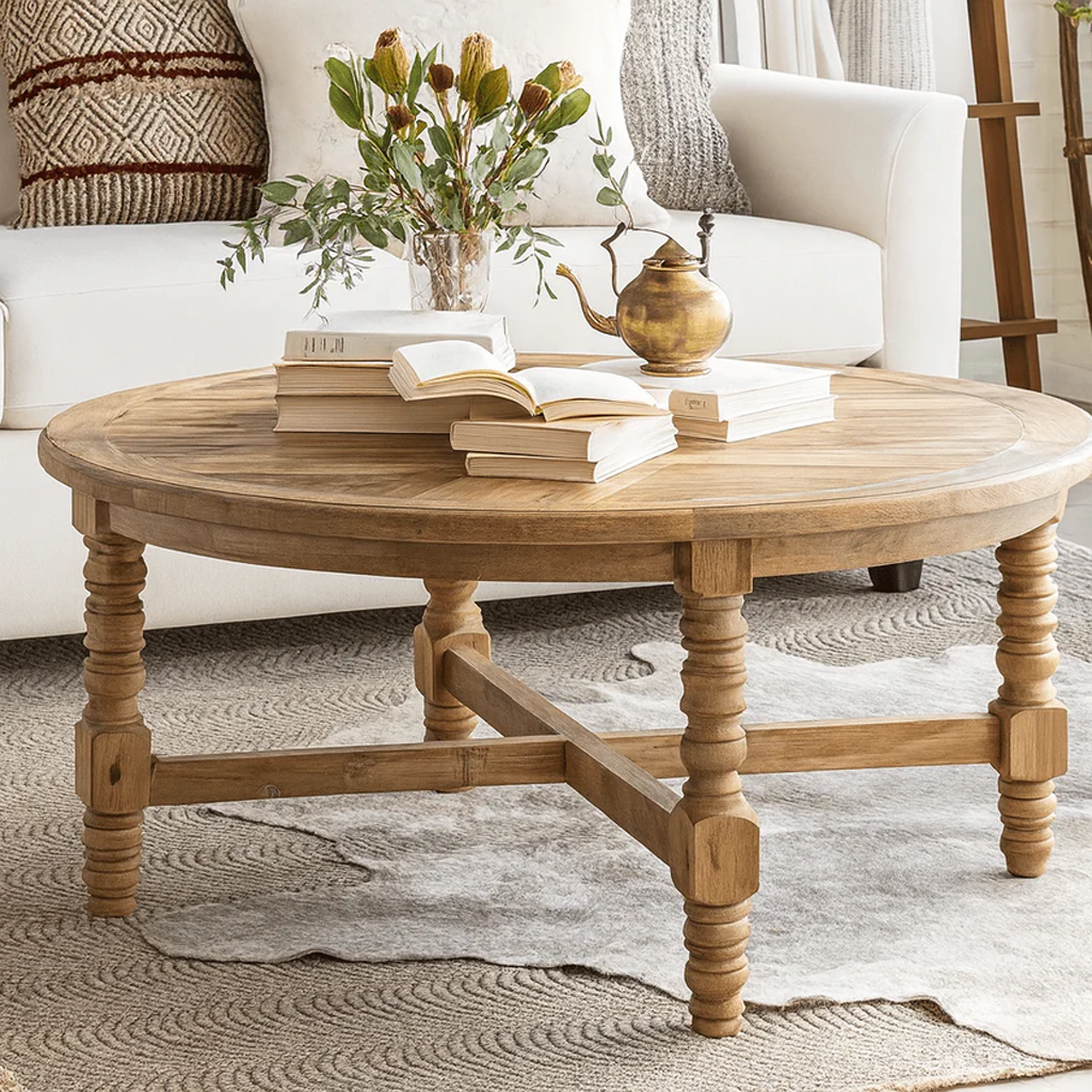 Farmhouse Round Wooden Coffee Table With Turned Legs
