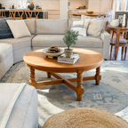 Farmhouse Round Wooden Coffee Table With Turned Legs