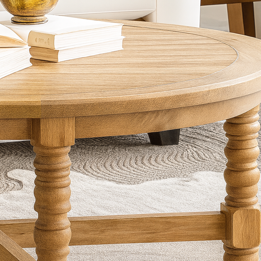 Farmhouse Round Wooden Coffee Table With Turned Legs