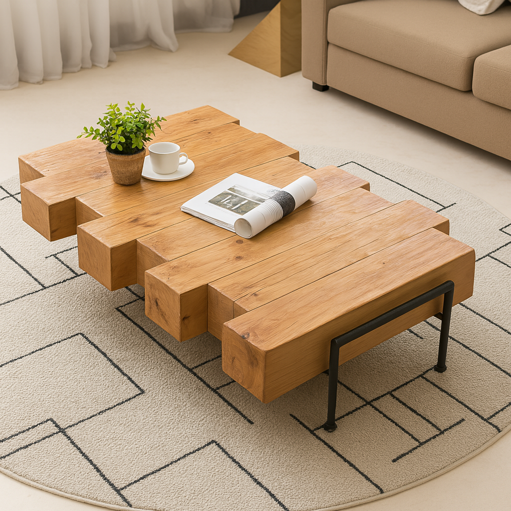 Farmhouse Solid Wood Block Coffee Table With Rustic Beam Design