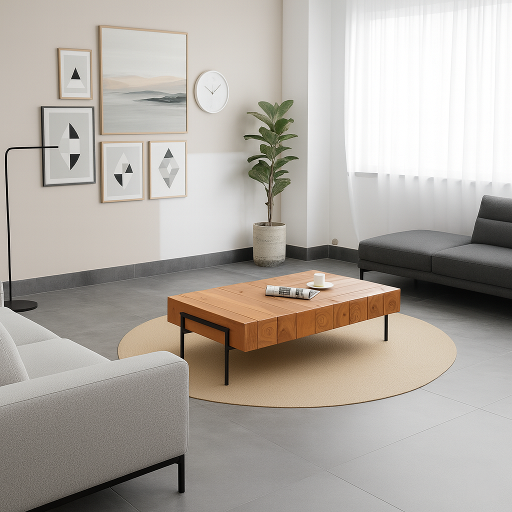 Farmhouse Solid Wood Block Coffee Table With Rustic Beam Design