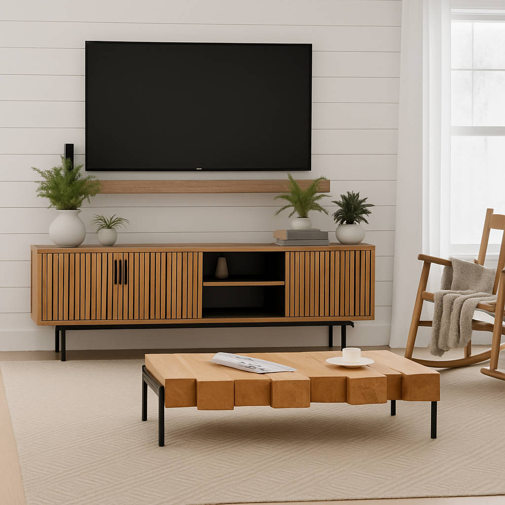 Farmhouse Solid Wood Block Coffee Table With Rustic Beam Design