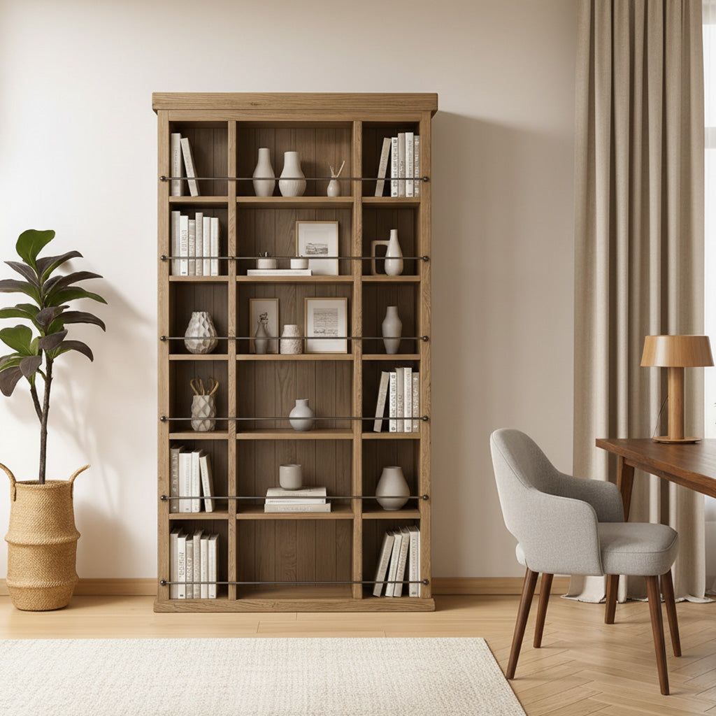 Farmhouse Solid Wood Bookshelf With Grid Shelves
