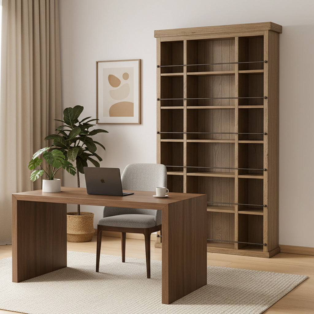 Farmhouse Solid Wood Bookshelf With Grid Shelves