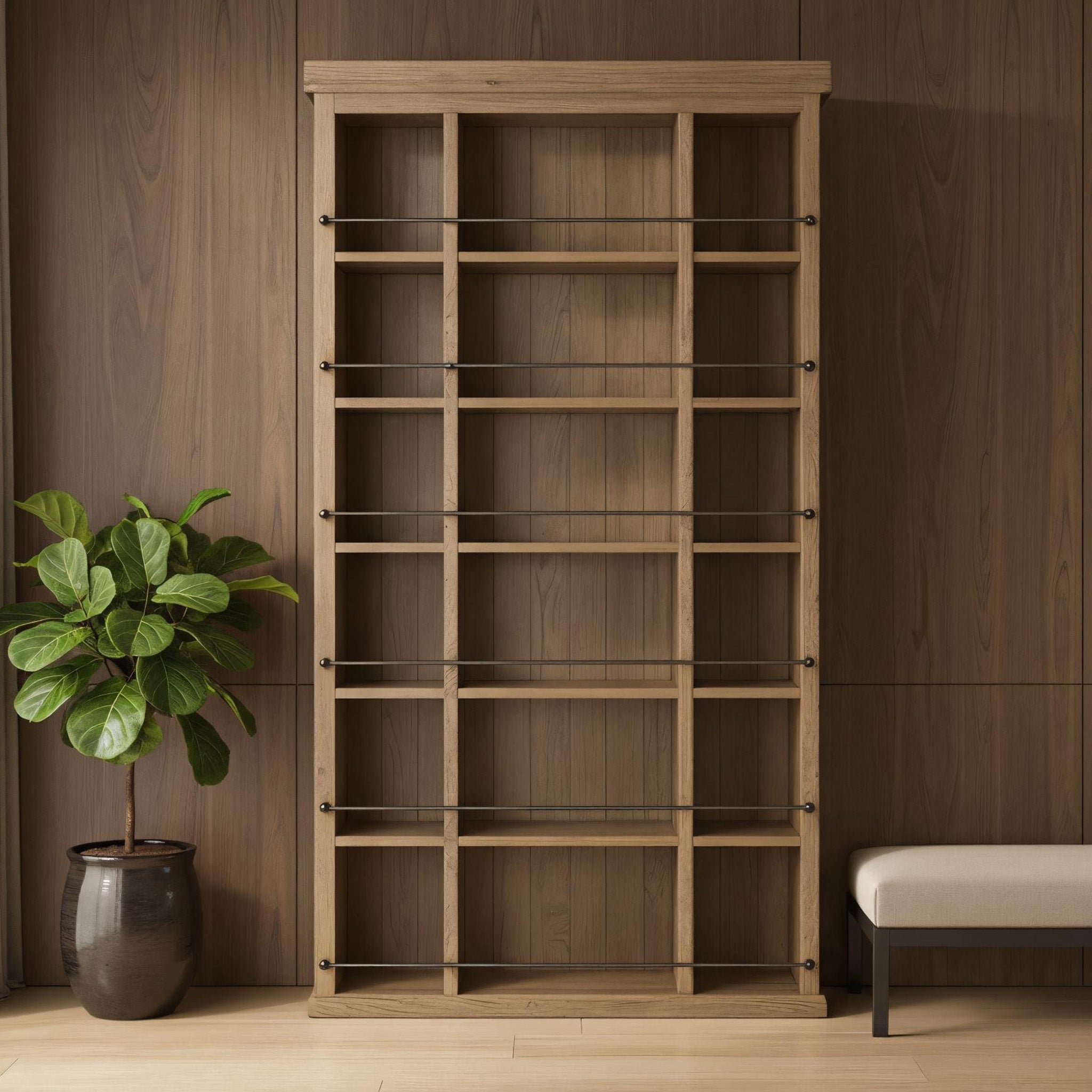 Farmhouse Solid Wood Bookshelf With Grid Shelves