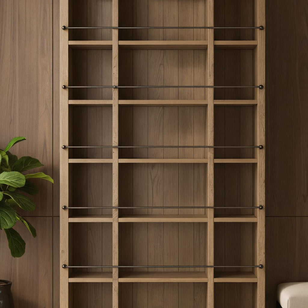 Farmhouse Solid Wood Bookshelf With Grid Shelves