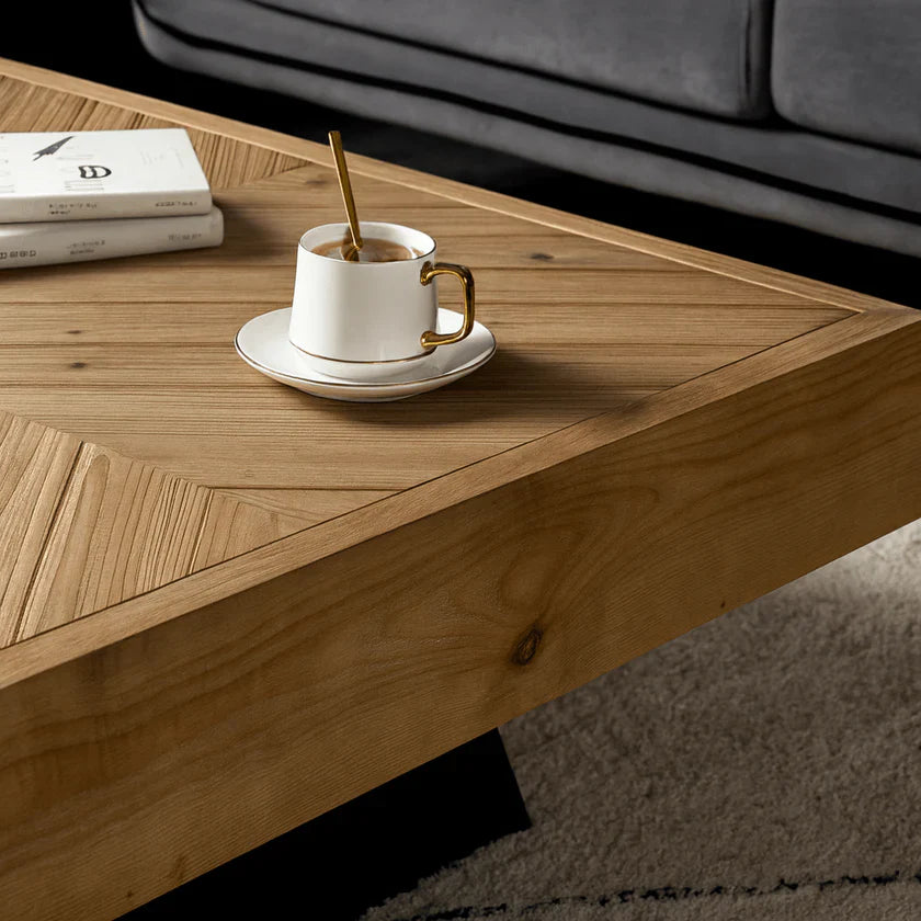 Farmhouse Square Wooden Coffee Table With Herringbone Top