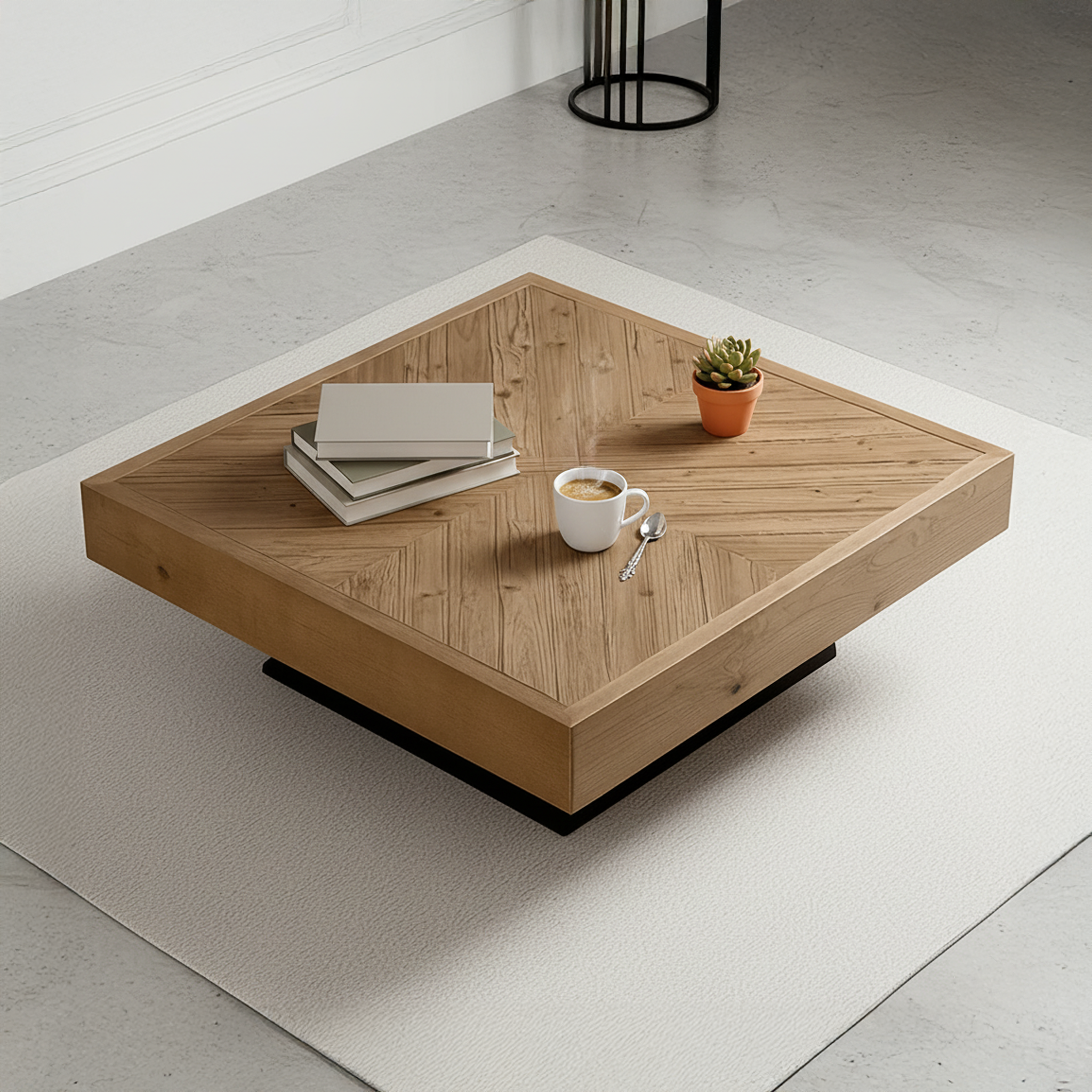 Farmhouse Square Wooden Coffee Table With Herringbone Top