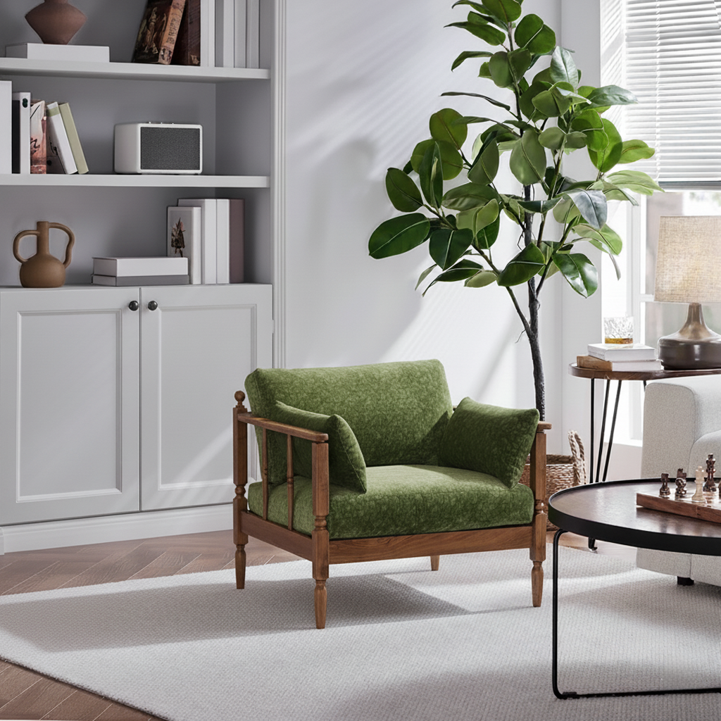 Farmhouse Wooden Accent Chair With Upholstered Seat For Living Room