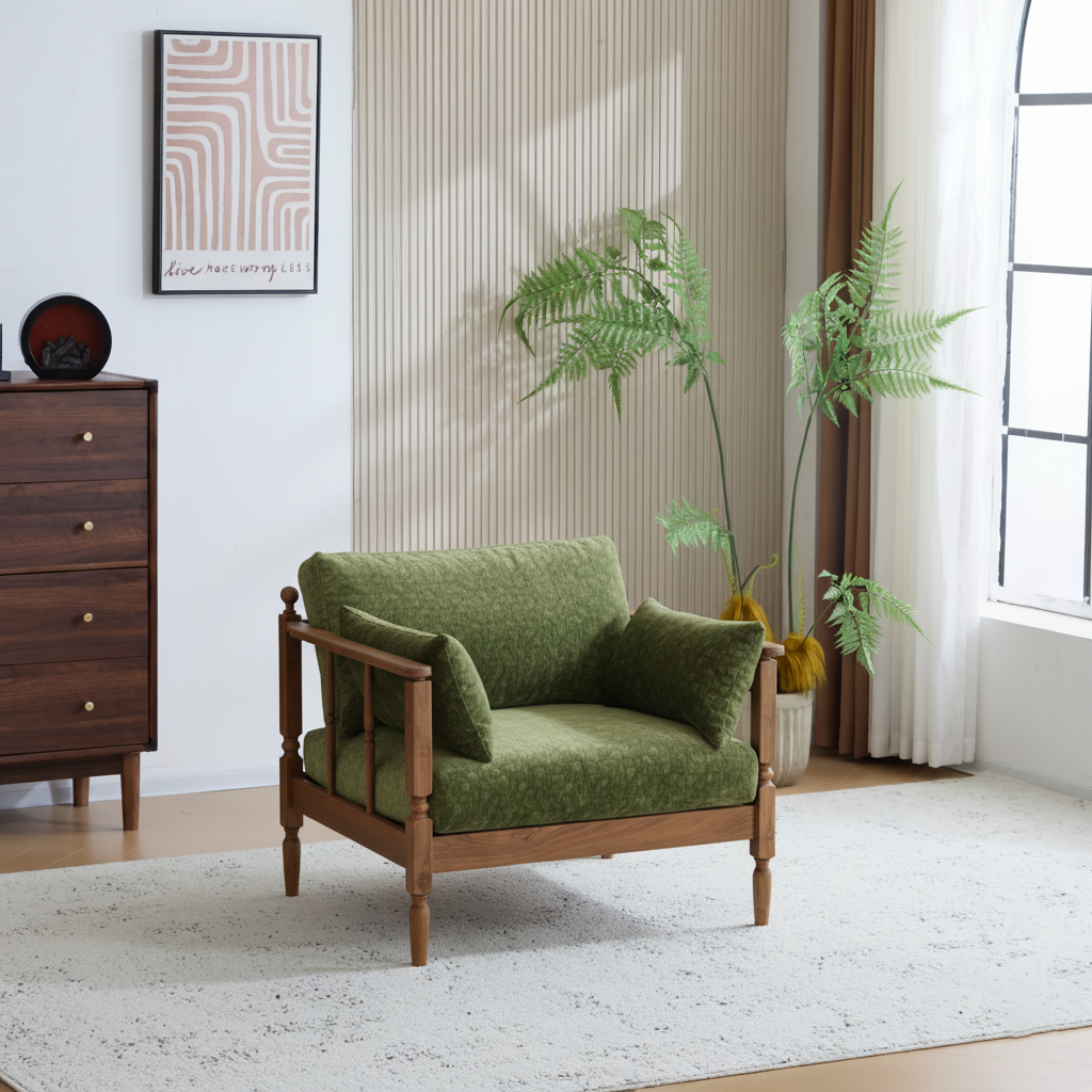 Farmhouse Wooden Accent Chair With Upholstered Seat For Living Room