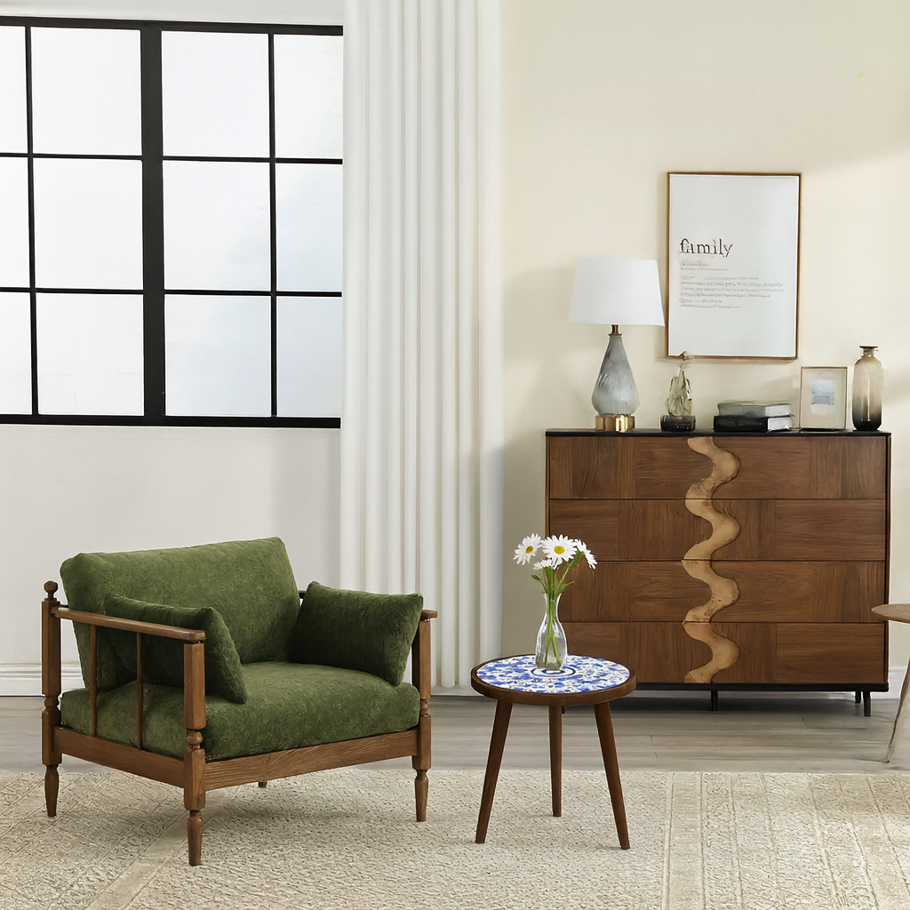 Farmhouse Wooden Accent Chair With Upholstered Seat For Living Room