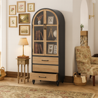 Farmhouse Wooden Arched Display Cabinet With Drawers