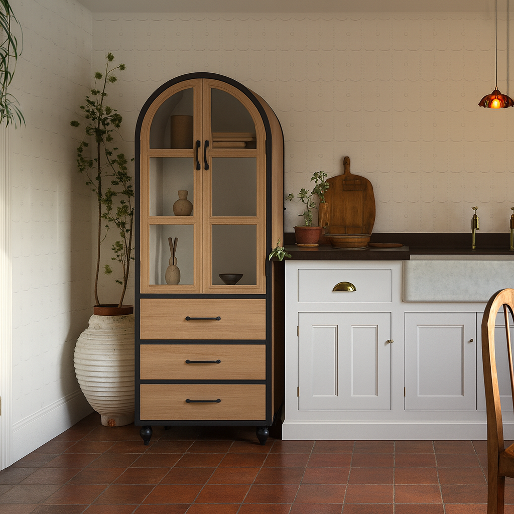 Farmhouse Wooden Arched Display Cabinet With Drawers