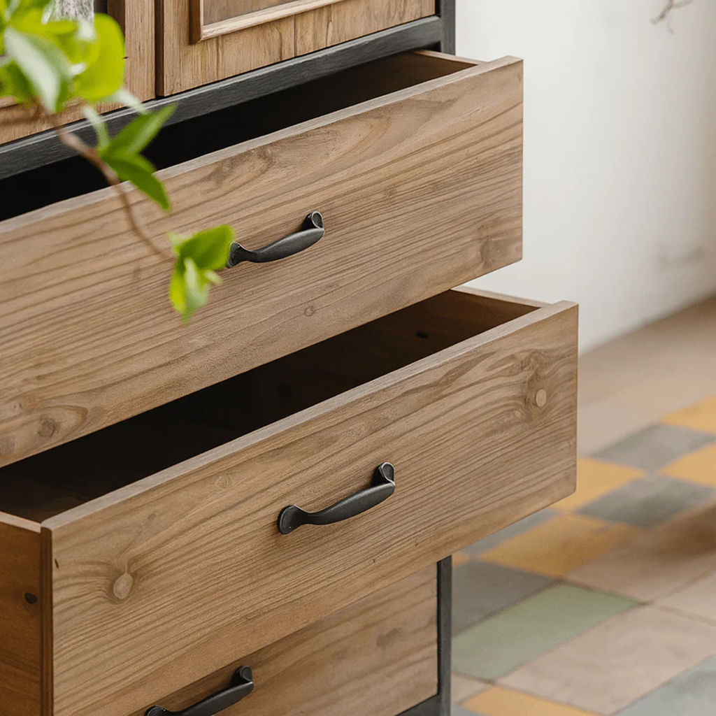 Farmhouse Wooden Arched Display Cabinet With Drawers