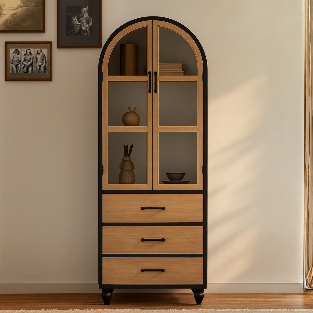 Farmhouse Wooden Arched Display Cabinet With Drawers