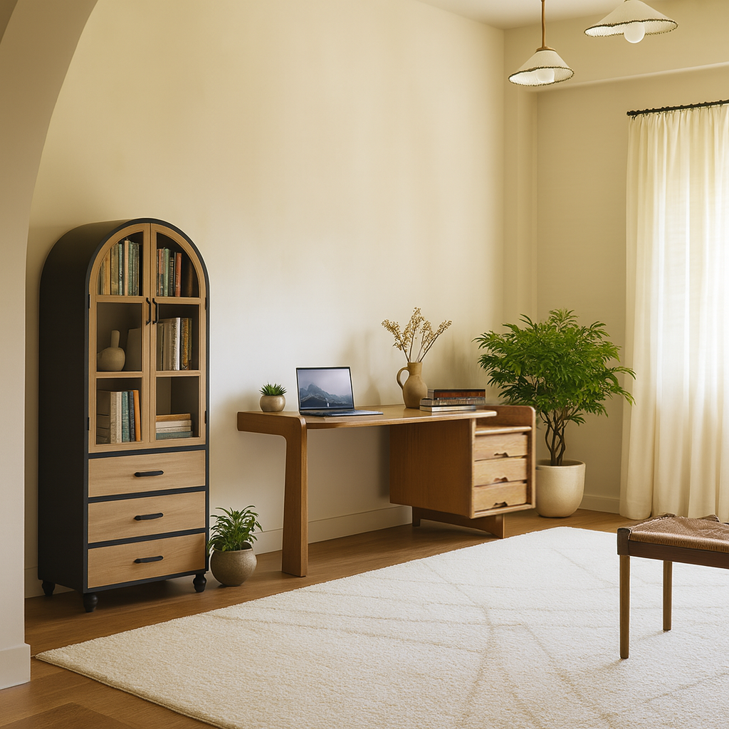 Farmhouse Wooden Arched Display Cabinet With Drawers