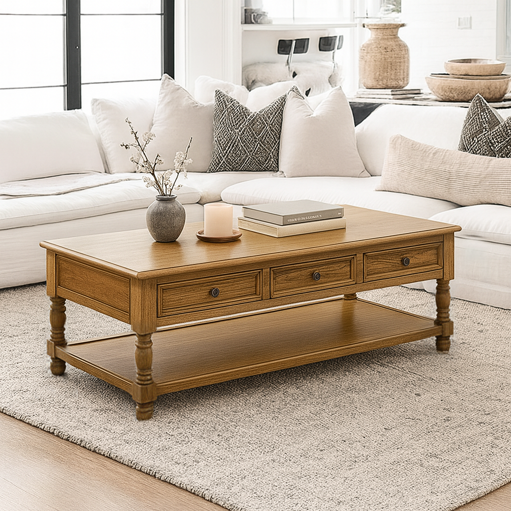 Farmhouse Wooden Coffee Table With Drawers And Lower Shelf