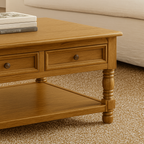 Farmhouse Wooden Coffee Table With Drawers And Lower Shelf