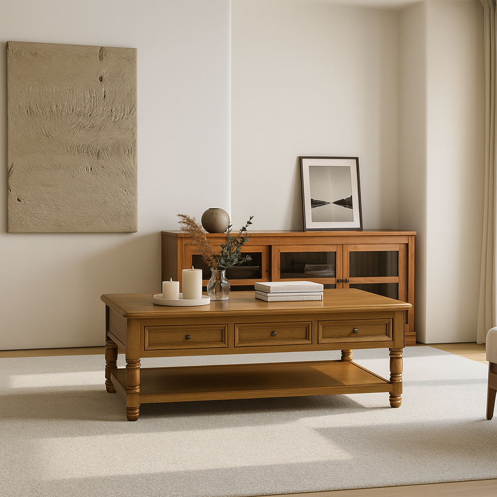 Farmhouse Wooden Coffee Table With Drawers And Lower Shelf