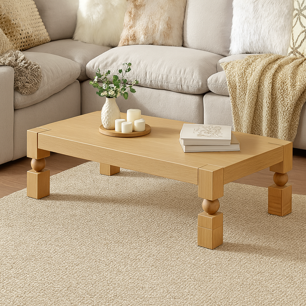 Farmhouse Wooden Coffee Table With Sculpted Ball Legs