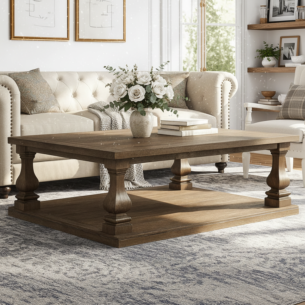 Farmhouse Wooden Coffee Table With Turned Pedestal Legs