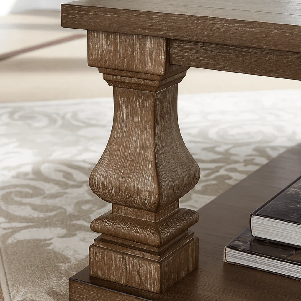 Farmhouse Wooden Coffee Table With Turned Pedestal Legs