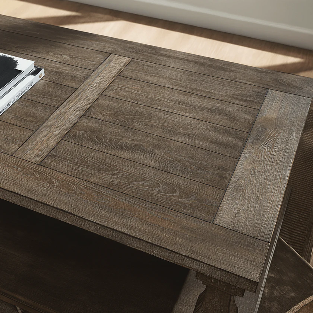 Farmhouse Wooden Coffee Table With Turned Pedestal Legs