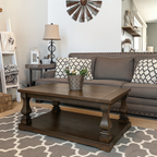 Farmhouse Wooden Coffee Table With Turned Pedestal Legs