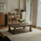 Farmhouse Wooden Coffee Table With Turned Pedestal Legs