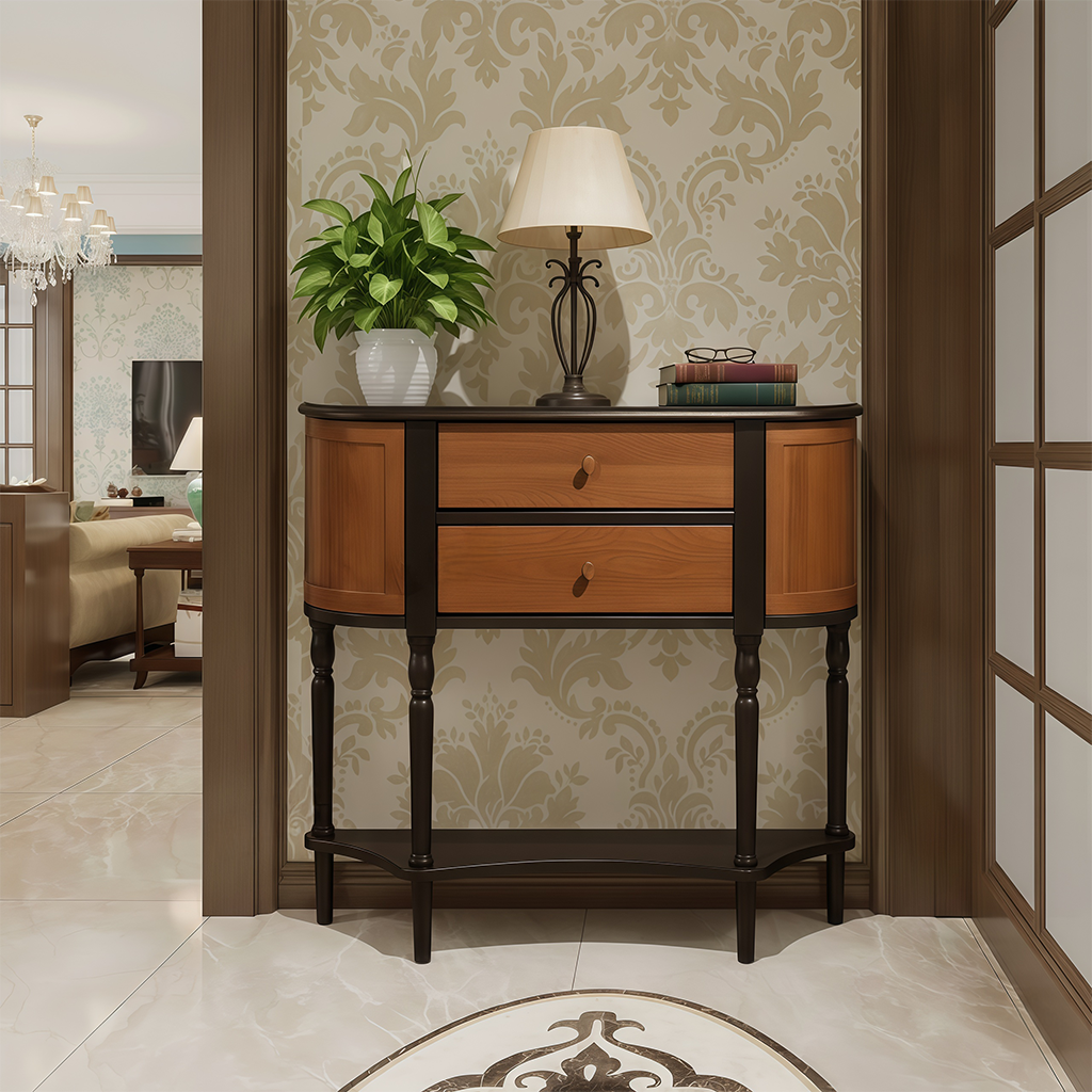 Farmhouse Wooden Console Cabinet With Fluted Sides And Drawers