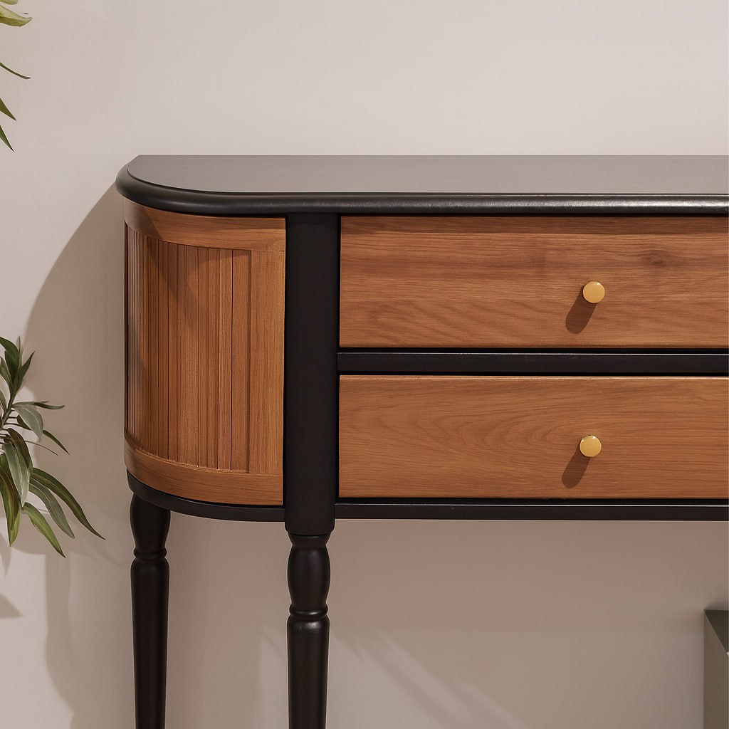 Farmhouse Wooden Console Cabinet With Fluted Sides And Drawers